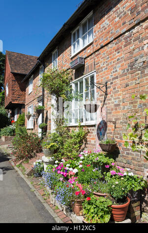 Fleurs à l'extérieur, l'église de marche période cottage, Bletchingley, Surrey, Angleterre, Royaume-Uni Banque D'Images