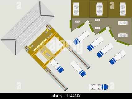 Vue aérienne de la cour de déchargement ou de livraison de marchandises d'une usine de fabrication, la gestion des processus industriels. Illustration de Vecteur