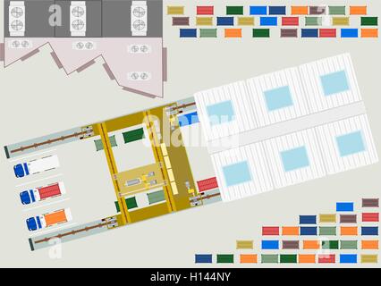 Vue aérienne de la cour de déchargement ou de livraison de marchandises d'une usine de fabrication, la gestion des processus industriels. Illustration de Vecteur