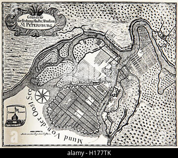 Plan vintage de Saint Pétersbourg, une forteresse à l'embouchure de la rivière Néva sur la mer Baltique en 1738 Banque D'Images