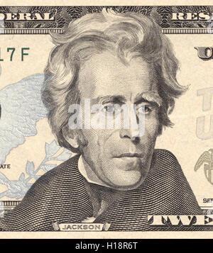 Andrew Jackson comme représenté sur le billet de vingt dollars. Vraies couleurs Banque D'Images