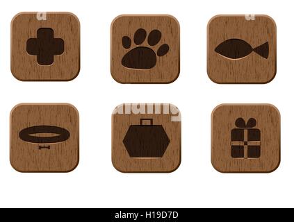 Pet Shop icons set en bois Illustration de Vecteur