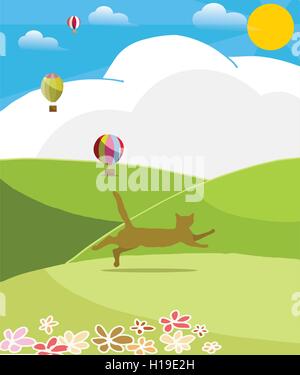 Happy cat avec ballon coloré aux beaux jours Illustration de Vecteur