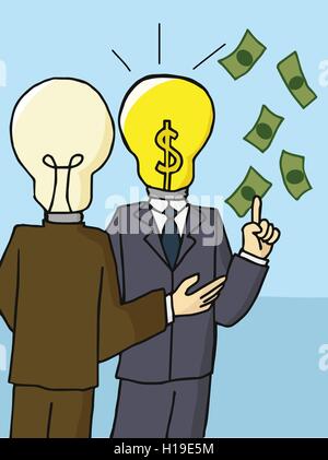 Businessman with bright light bulb head signe Dollar, concept de Illustration de Vecteur