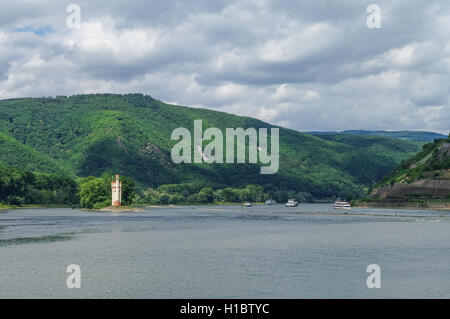 Navire, château médiéval, Tour de la souris (Mäuseturm) et des vignes sur la pente de la rivière du Rhin, Bingen am Rhein, Allemagne Banque D'Images