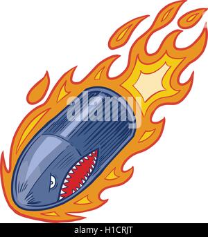 Vector cartoon clip art illustration d'une balle ou un obus d'mascot en flammes avec une bouche de requin face Illustration de Vecteur