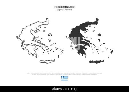 République hellénique cartes isolées et drapeau officiel icons. vector Grèce politique tracer fine ligne d'icônes. Pays européen geographi Illustration de Vecteur