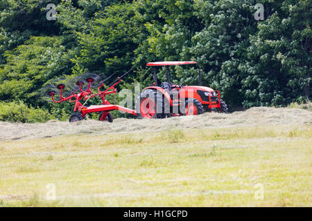 Le tracteur tirant un râteau de roue pour faire des balles de foin rondes Banque D'Images