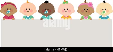 Groupe diversifié de bébés holding banner horizontales blanches. Illustration de Vecteur