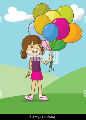 Girl holding colorful balloons sur montagne et ciel de nice Illustration de Vecteur