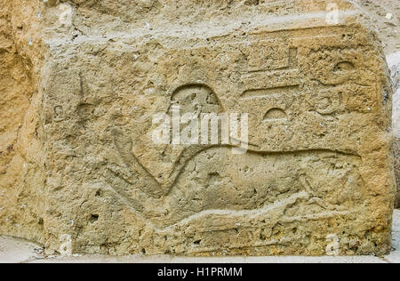 L'Egypte, Delta du Nil, Tanis, relief sur la voie processionnelle moderne au temple : Le roi comme sphinx propose une image de Maat. Banque D'Images