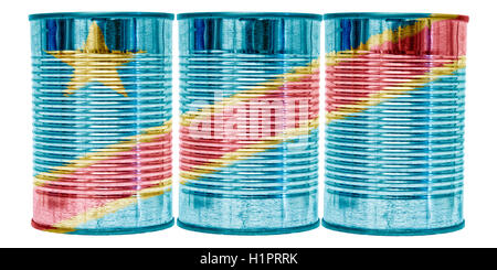 Trois boîtes de conserve avec le drapeau de la République démocratique du Congo sur eux isolé sur un fond blanc. Banque D'Images