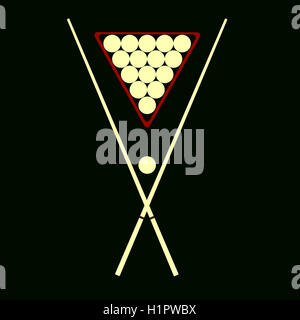 Cue et boules de billard sur un fond noir Banque D'Images
