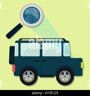 Loupe agrandissant circuit électronique de voiture 4x4. Concept. Illustration de Vecteur