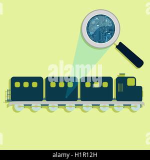 Loupe agrandissant circuit électronique de train. Concept. Illustration de Vecteur