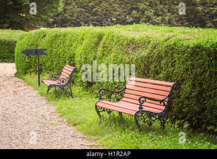 Image de bancs de parc par un sentier. Banque D'Images