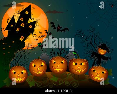 Citrouilles d'Halloween dans la nuit Illustration de Vecteur