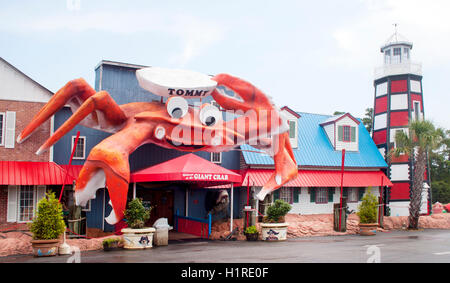 Un crabe colossal perché au-dessus du restaurant Tommy à Myrtle Beach, en Caroline du Sud, attire l'attention comme un point de repère côtier original et un arrêt photo. Banque D'Images