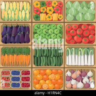 Caisses de légumes au marché de fermiers, vue du dessus, la récolte et la saine alimentation concept Illustration de Vecteur