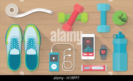 L'équipement de sport et l'activité physique, la saine alimentation et la bannière de bien-être, des objets fixés sur un plancher en bois, vue du dessus Illustration de Vecteur