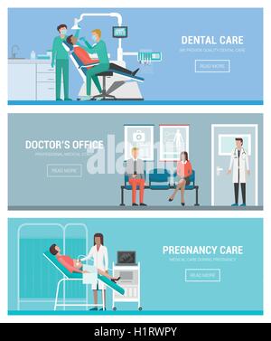 Les soins de santé, les médecins et les gens jeu de bannières : dentiste, gynécologue et salle d'attente Illustration de Vecteur