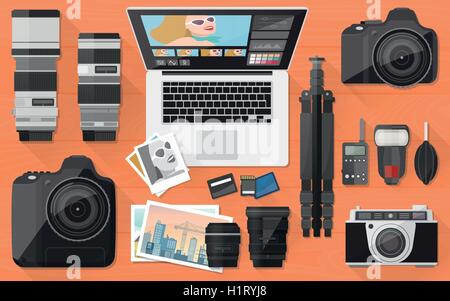 Photographe professionnel sur l'équipement d'un bureau, de tir et de concept d'édition de photos, mises à plat Illustration de Vecteur
