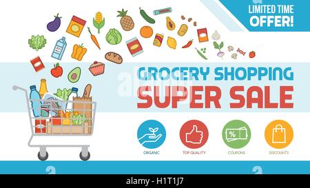 Remise d'achat d'épicerie bannière avec panier remplis de nourriture et de produits, offres et ventes concept Illustration de Vecteur