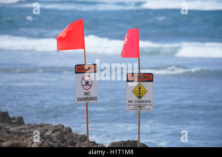 Les nageurs de prévenir les signes des conditions dangereuses dans le surf sur la côte nord d'Oahu, Hawaii Banque D'Images