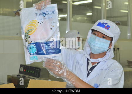 La province de Tien Giang, Vietnam - 2 mars 2013 : un travailleur est montrant un poisson pangasius certifié produit dans une usine de transformation de fruits en Tie Banque D'Images