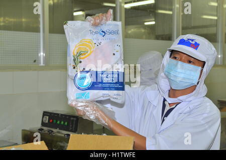 La province de Tien Giang, Vietnam - 2 mars 2013 : un travailleur est montrant un poisson pangasius certifié produit dans une usine de transformation de fruits en Tie Banque D'Images