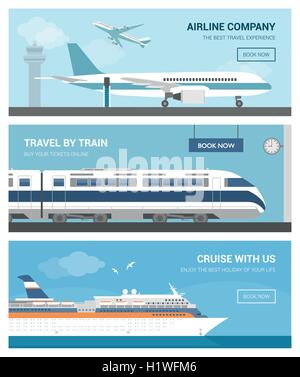 Transports et déplacements : ensemble de bannières avec des avions de l'aéroport, un train à la gare et un bateau de croisière naviguant Illustration de Vecteur