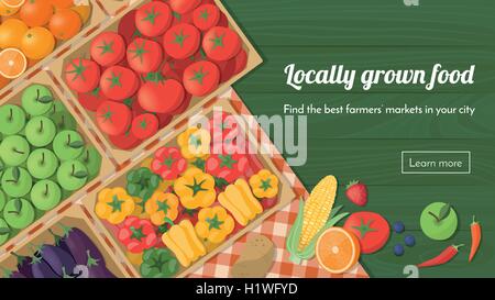 Les légumes fraîchement récoltés colorés dans des caisses au marché de fermiers, les aliments cultivés localement et la saine alimentation bannière concept Illustration de Vecteur