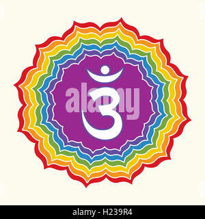 Symbole du troisième Œil (Ajna chakra) et les couleurs des sept Chakras. L'Ajna représente la prise de conscience, l'intuition, de compréhension, Banque D'Images