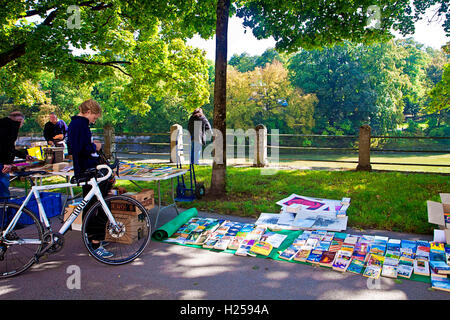 Munich, Allemagne. Sep 24, 2016. Marché aux puces du livre avec de beaux temps chaud à la rivière Isar, promenade dans le centre de Munich : livres à lire, parcourir et acheter sous les arbres avec une rive-gauche-comme sentiment charmant Crédit : Luisa Fumi/Alamy Live News Banque D'Images