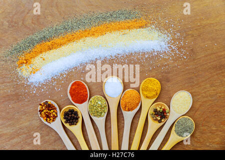 Steaks de porc crus avec de la viande, l'huile de fourche et épices pour grill ou la cuisine rustique sur fond de métal, vue du dessus, frontière. Porco Bie Banque D'Images