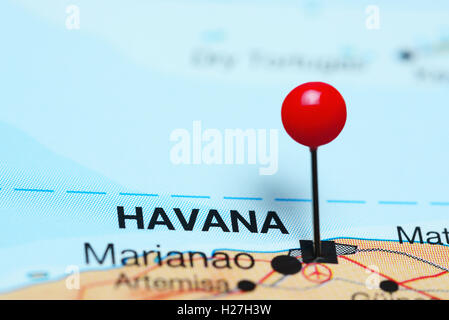La Havane épinglée sur une carte de Cuba Banque D'Images