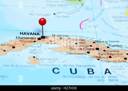 La Havane épinglée sur une carte de Cuba Banque D'Images