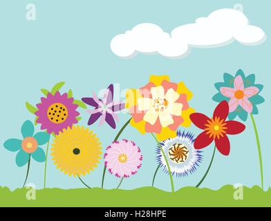 Fleurs multicolores lumineux jusqu'à partir de la germination de l'herbe contre ciel nuageux ciel bleu Illustration de Vecteur