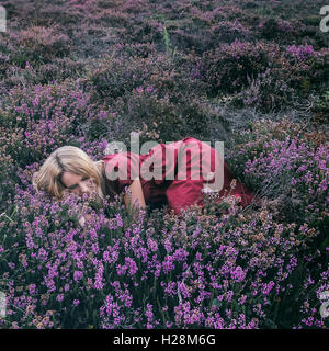 Une femme est couchée dans blooming Heather Banque D'Images