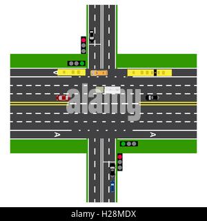 Road l'infographie. L'autoroute grande intersection avec la route. Avec les voitures et les feux de circulation. cartes chargées de la Voirie et des transports. Vue de dessus de l'autoroute. illustration Illustration de Vecteur