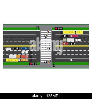 Road l'infographie. Tracer la route, autoroute, rue. Passage à niveau. Avec différentes voitures. cartes chargées de la Voirie et des transports. Vue de dessus de l'autoroute. illustration Illustration de Vecteur