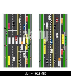 Road l'infographie. Tracer la route, autoroute, rue. Intersection. Avec différentes voitures. Feu vert pour les voitures. Le chargé des plans routiers et les transports publics. Vue de dessus de l'autoroute. illustration Illustration de Vecteur