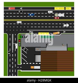 Tracer la route, autoroute, rue, avec le magasin. Croisée des chemins. Arrêt de bus. Avec différentes voitures. La congestion et les cartes de stationnement. Vue de dessus de l'autoroute. illustration Illustration de Vecteur