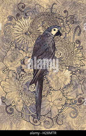Ligne parrot art avec motif monochrome sur l'élément de design floral,illustration Banque D'Images