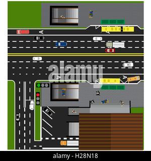 Tracer la route, autoroute, rue, avec le magasin. Passage souterrain. Croisée des chemins. Arrêt de bus. Avec différentes voitures. Cartes de stationnement. Vue de dessus de l'autoroute. illustration Illustration de Vecteur