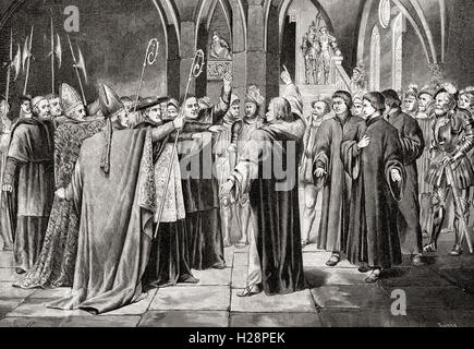 Martin Luther à la diète de Worms, Allemagne en 1521. Martin Luther, 1483 - 1546. Professeur de théologie allemande, compositeur, prêtre, moine et une figure de la Réforme protestante. Banque D'Images