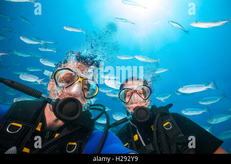 Couple de plongeurs à la caméra à l'eau. Troupeau de poissons de fond sur Banque D'Images