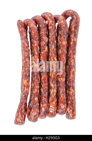 Délicieux délicieux saucissons séchés fumé, salami fine est isolé sur fond blanc, Close up Banque D'Images