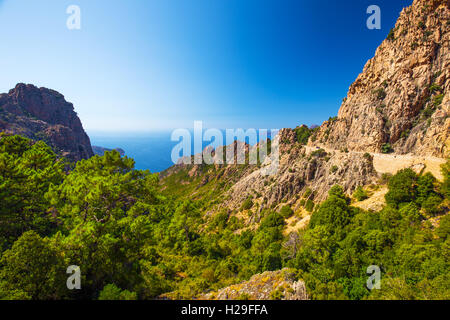 Magnifique paysage de D81 route à travers les Calanques de Piana sur la côte ouest de la Corse, France, Europe. Banque D'Images