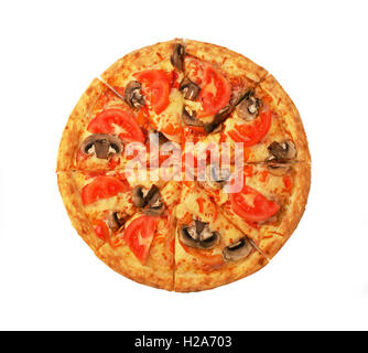 Pizza aux champignons Vue de dessus isolé sur fond blanc Banque D'Images